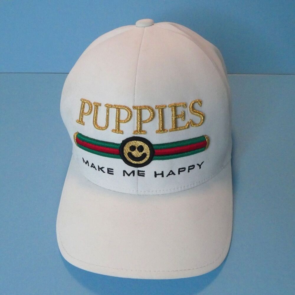 Puppies Make Me Happy White Baseball Cap Embroidered S/M Fitted Flexfit Bond